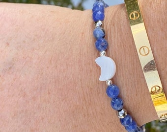 Crescent Moon Bracelet |  Sodalite Bracelet | Blue Crystal Bracelet | Calming Bracelet |  Mother of Pearl Moon Gemstone Healing Crystals