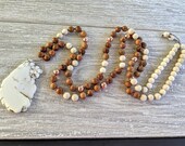 108 Mala White Cream Turquoise Wood beads Fossil Stone gemstone Long Beaded Necklace Yoga Meditation Prayer Beads Mala Rose Gold