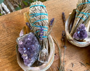 Sage Stick Kit SMUDGE Stick Crystal Kit Abalone Shell / Energetic home cleanse / House warming Gift / Amethyst Geode Cluster & Quartz Point