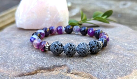 Bracelet En Pierre De Lave Violette - Perles Ajustables - Sans Fermoir - Neuf Avec étiquettes