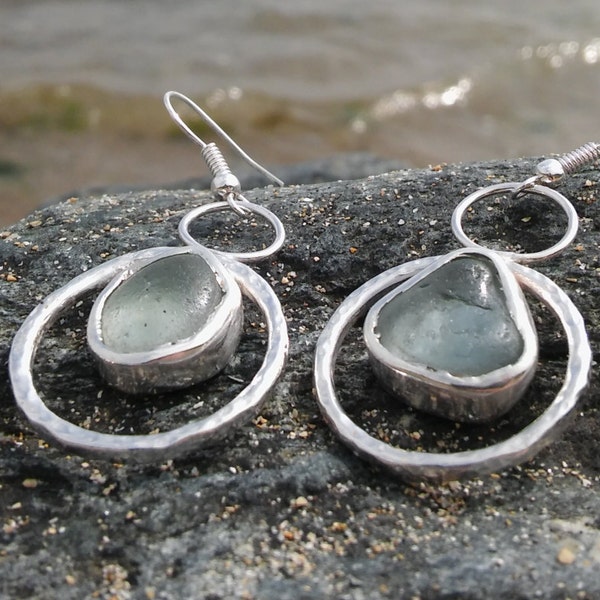 Sea Glass earrings, Cornish Sea glass jewellery,Silver Hoop earrings, Boho style, Drop & dangle earrings, Bridesmaid gift, Birthday gift