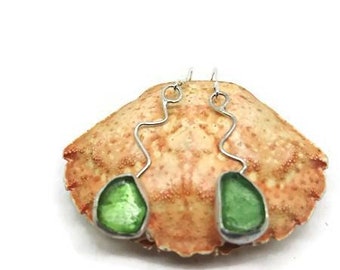 Sea glass earrings, Sea glass jewellery, Green sea glass earrings, Cornish Sea glass earrings, Sterling silver and green seaglass earrings.
