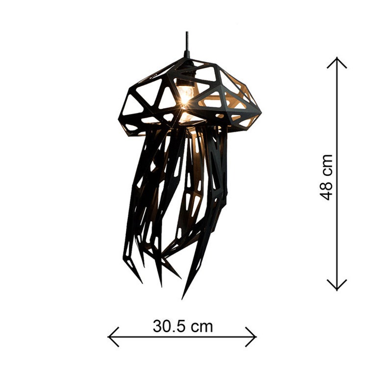 May include: Black pendant light shaped like a jellyfish with a geometric design. The light is 48 inches tall and 30.5 inches wide.