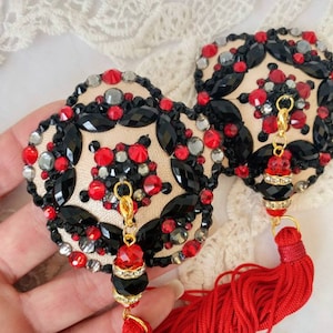 Black Red and Grey &quot;C&#39;est Magique!&quot; Nippies, burlesque pasties tassel by D.LPD. Made to order
