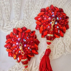 Diamond Star- Ruby Red Rock Star Absolut Red nipple tassels, 3 in 1 burlesque pasties, nipple covers by D. Lovely Pasties Design.