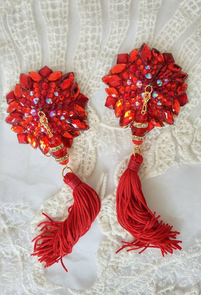 Diamond Star Ruby Red Rock Star Absolut Red nipple tassels, 3 in 1 burlesque pasties, nipple covers by D. Lovely Pasties Design. image 2