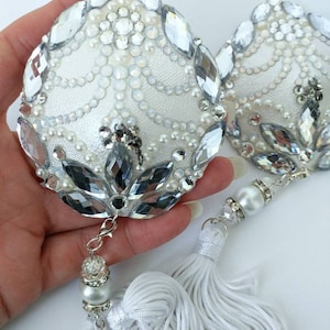 SNOW BUNNY Blue & White Snowflake Pearl and Gem Nipple Pasties ...