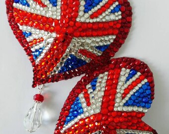 Crystal Twisted Heart Union Jack burlesque pasties nippies by D.Lovely Pasties Design