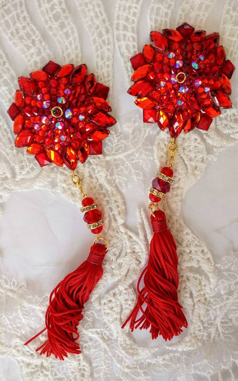 Diamond Star Ruby Red Rock Star Absolut Red nipple tassels, 3 in 1 burlesque pasties, nipple covers by D. Lovely Pasties Design. image 4