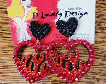 Burning Love! Crystal Flaming heart dangle drop earrings by D. Lovely Design