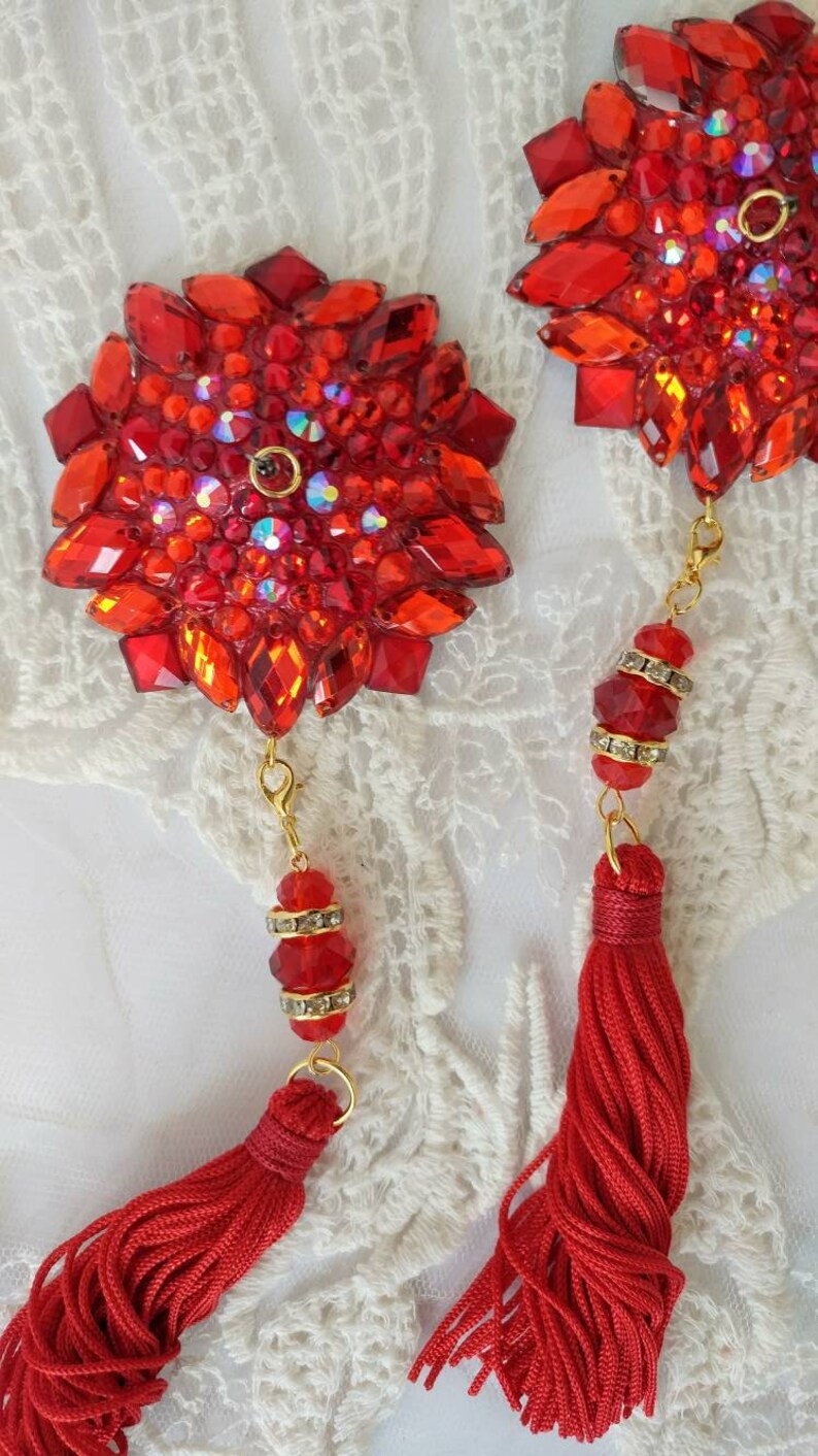 Diamond Star Ruby Red Rock Star Absolut Red nipple tassels, 3 in 1 burlesque pasties, nipple covers by D. Lovely Pasties Design. image 8