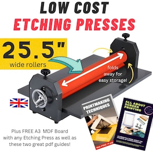 May include: A gray etching press with 25.5 inch wide rollers. The press has a black handle and a red roller. The press is folded away for easy storage. The image also includes two free PDF guides: "Printmaking Techniques" and "All About Screen Printing".