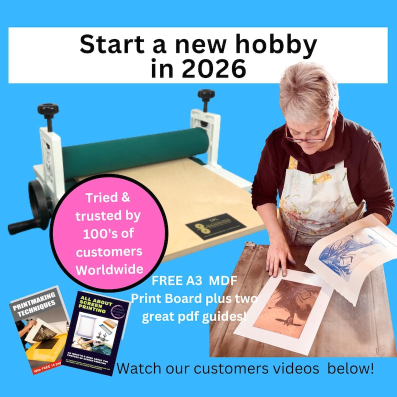 May include: A printmaking setup with a green roller, wooden base, and a person working on a print. The image includes text that says "Start a new hobby in 2026" and "Tried & trusted by 100's of customers Worldwide."