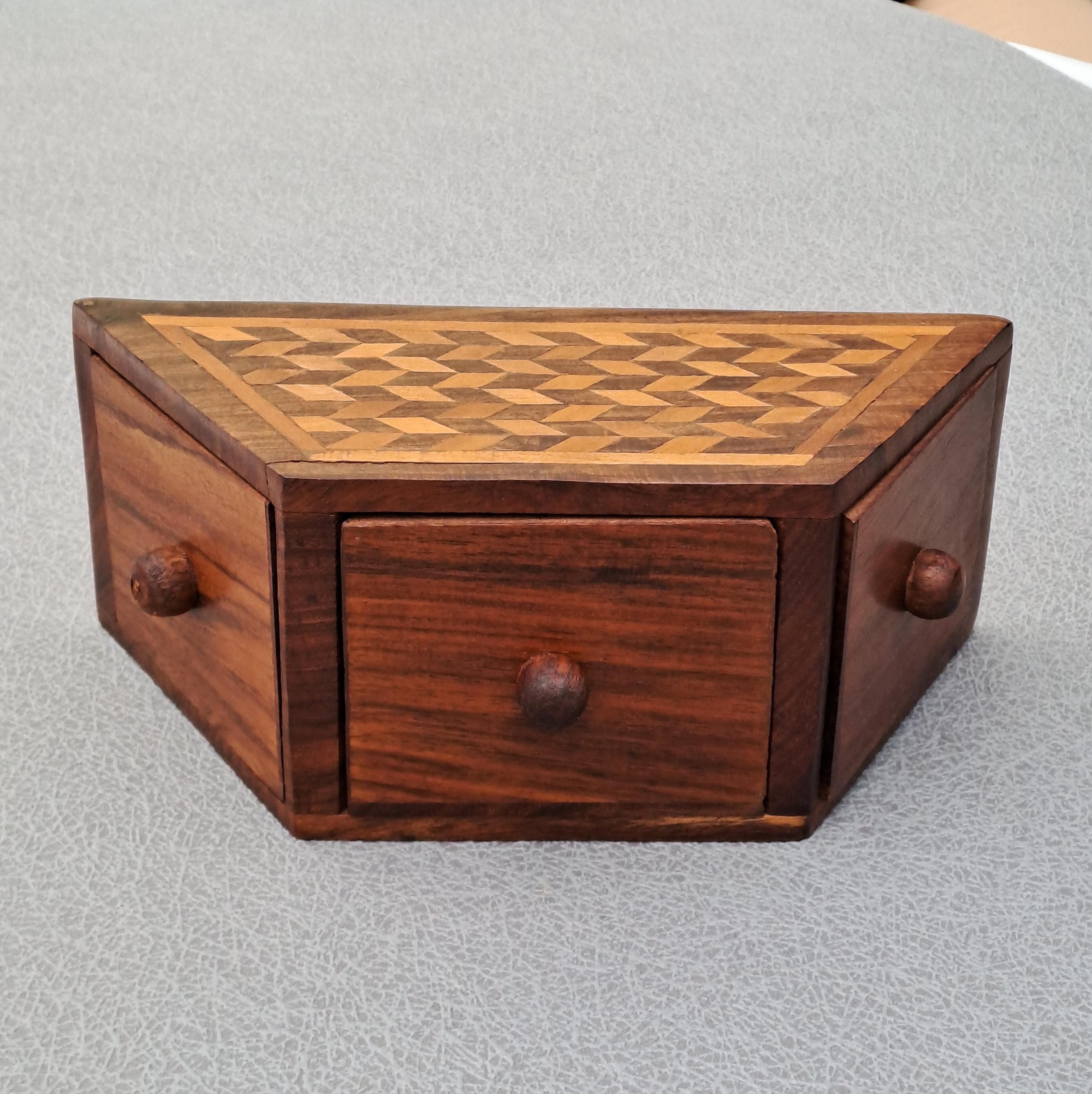 Small Inlayed Box Small Wooden Box Vintage Trapezoid Chest With Three Triangle Drawers ...