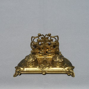 Antique Jugendstil brass inkwell letter holder library bureau set vintage art nouveau desk writing set double ink well pen rest card holder