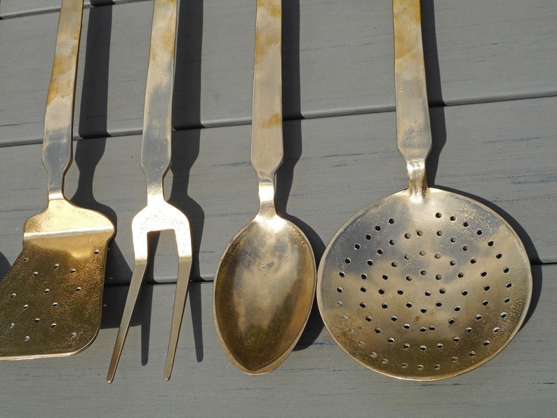 Solid brass kitchen accessories vintage copper utensils set of 5 kitchen cuisine utensils wall mounted old kitchen tools antique brassware