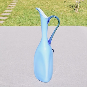 Blue opaline glass pitcher mid century modern jug cased glass vase with handle made in Italy decorative vessel