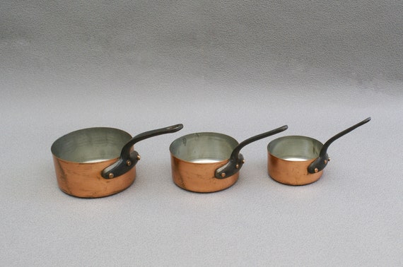 Small Vintage Copper Pots With Handles Three Heavy Graduated Sauce