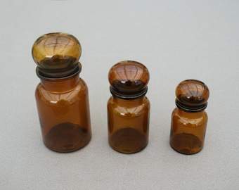 ONE brown glass pharmacy bottle small medium or large apothecary jar with lid vintage amber glass medicine vessel lidded storage pot