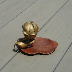 Antique brass inkwell with lid art nouveau ring dish copper ash tray bronze ink stand with pen rest