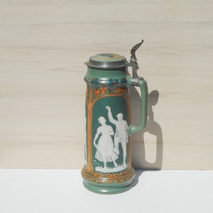 Rare large antique stein Villeroy & Boch Mettlach stein with relief in cameo &quot;Tanzen und Lieben&quot; or &quot;Dancing and Loving&quot; theme