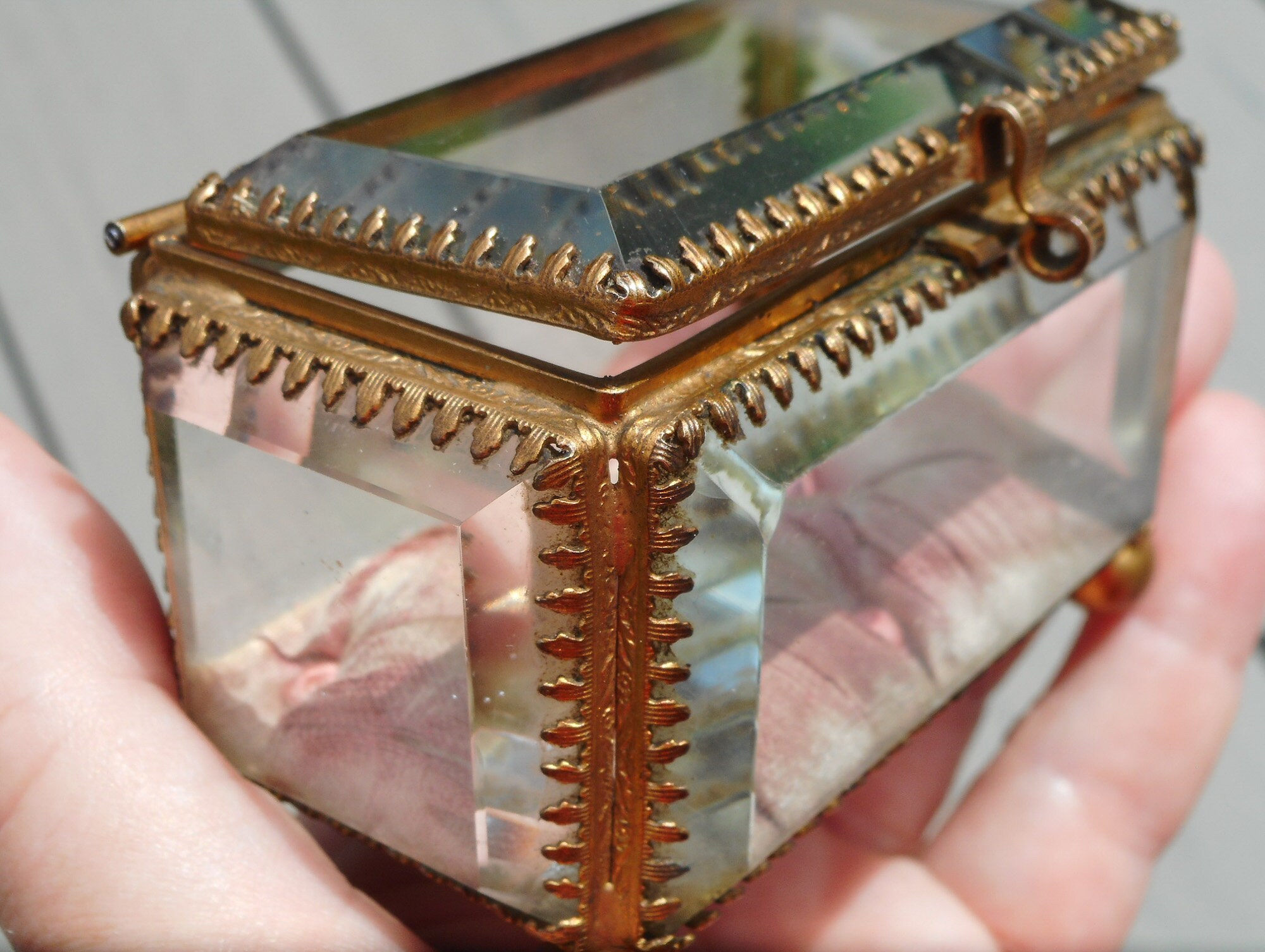 Antique Ormolu Jewelry Box Footed Chest With Lid Beveled Glass Casket