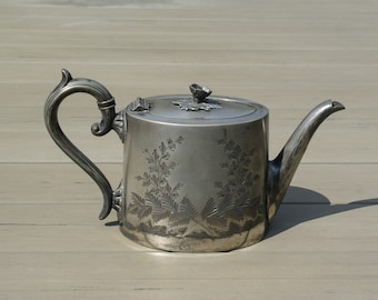 Antique English pewter silver plated teapot Sheffield 19th century tea pot with floral ornament collector's Victorian tea kettle