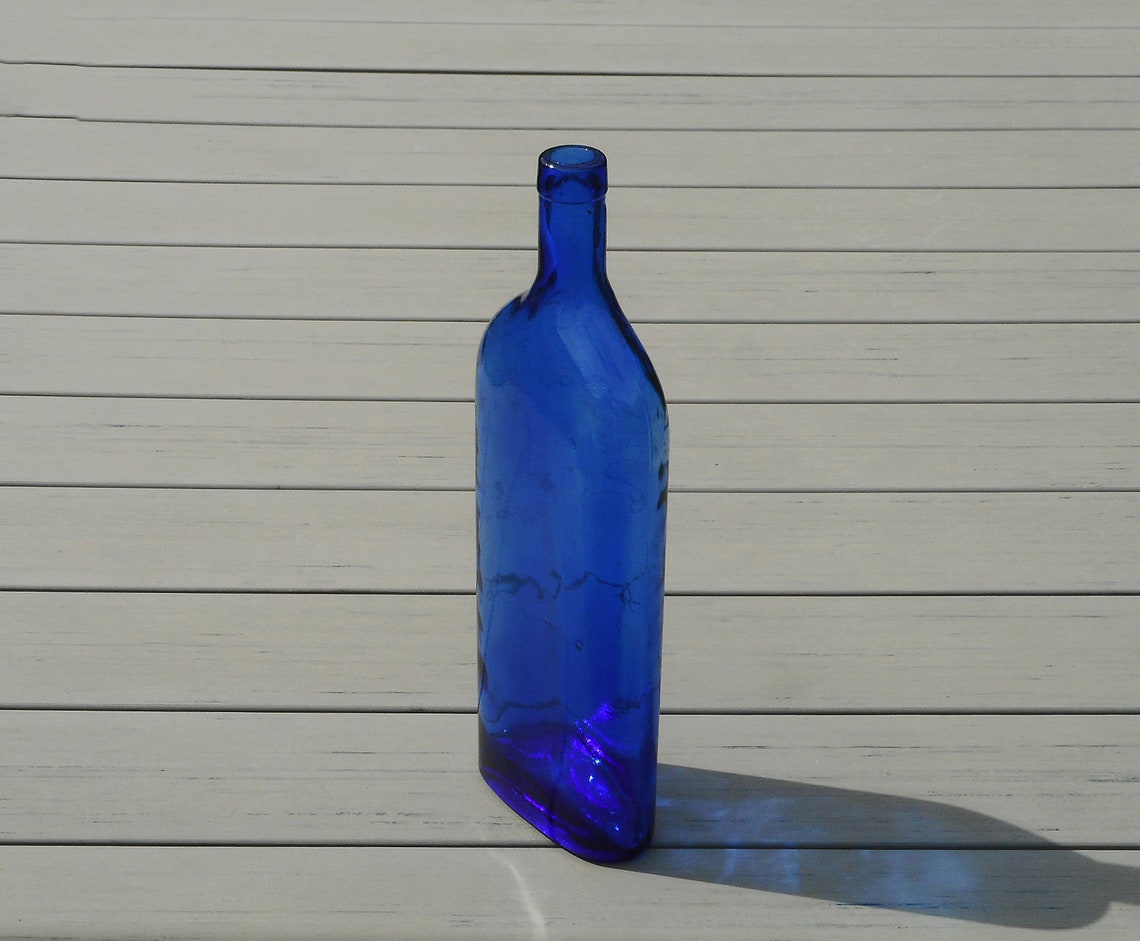 Large Cobalt Blue Glass Bottle Flat Vase Vintage Glass Vessel Etsy UK