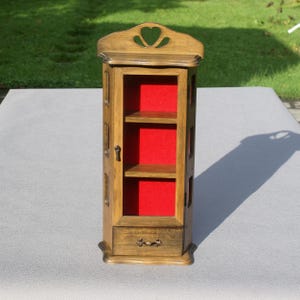Small vintage wooden cabinet with glass vitrine for miniatures wall mounted curio cabinet with glass panels and drawer