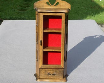 Vintage Wooden Curio Cabinet with Glass Panels and drawer, wall mountable Miniature Display witches cabinet