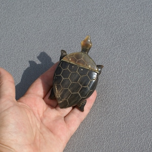 Könnte beinhalten: Eine dekorative schildkrötenförmige Box mit einem Klappdeckel. Die Box besteht aus dunkelbraunem Material mit einem sechseckigen Muster auf dem Panzer. Der Kopf und die Füße sind heller. Die Box wird in einer Hand gehalten.