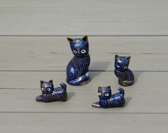 Vintage Cloisonné Cat Family Figurines: Cobalt Blue enamel Brass