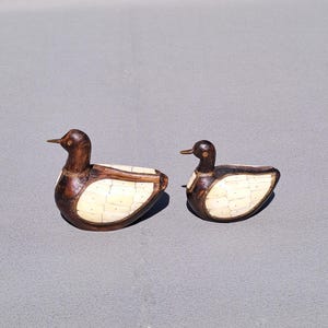 Two wooden duck statuettes vintage hand carved mallard duck figurine mother of pearl inlaid wings bird art collectible waterfowl figure