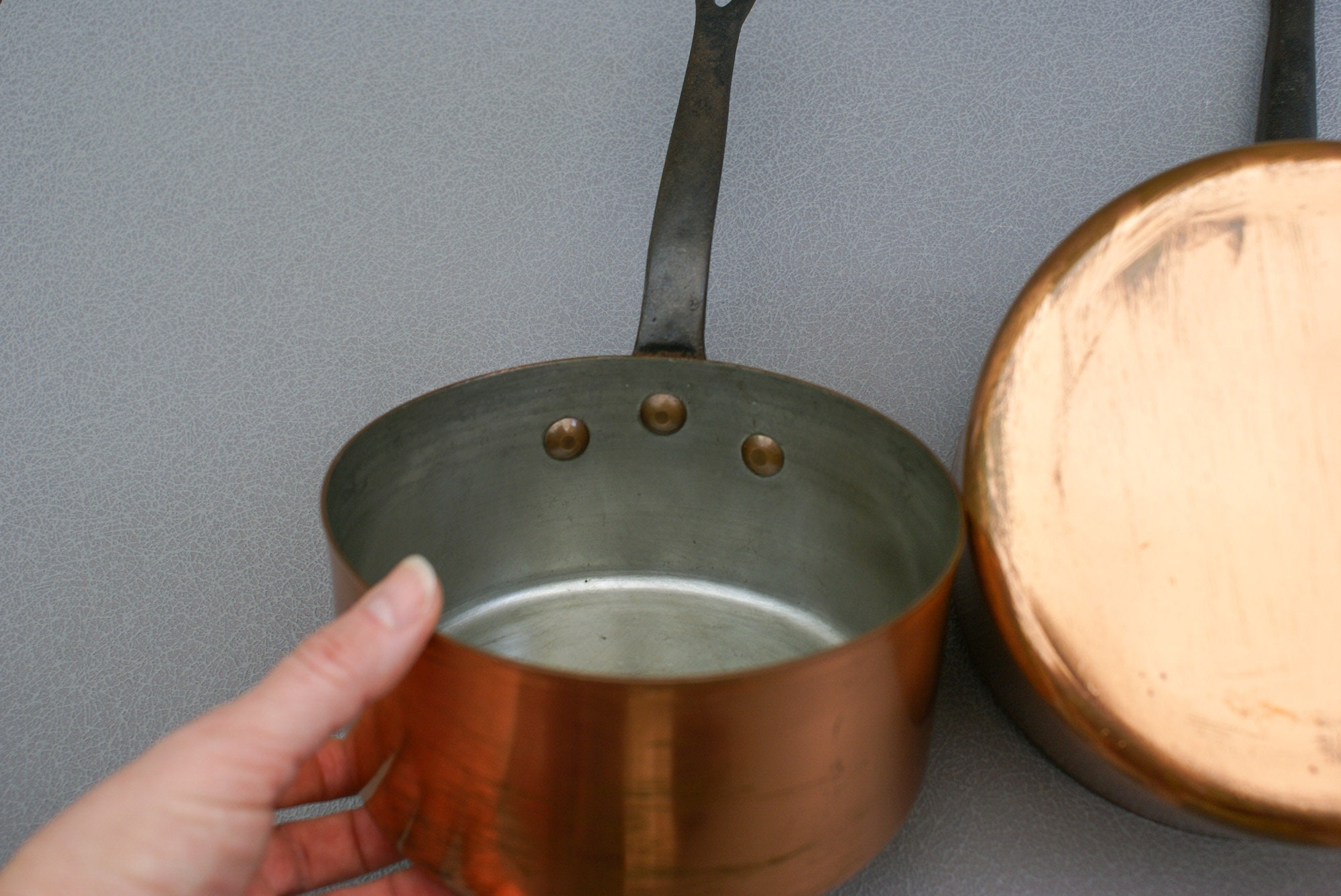 Small Vintage Copper Pots With Handles Three Heavy Graduated Sauce