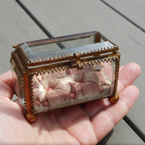 Ancienne boîte à bijoux en bronze doré avec couvercle, cercueil en verre biseauté, porte-montre pour femme, petite boîte à bijoux, étui de rangement