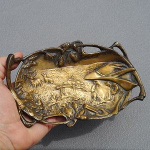 Assiette en laiton ornée de bijoux art nouveau, thème chasseur, plateau pour cartes de visite, assiette décorative à montage mural vide poche cendrier