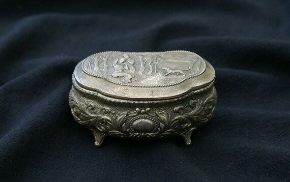 Vintage Japanese Jewelry Box: Ornate Metal Chest with Life Scenery