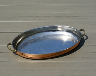 Oval copper roasting pan large vintage casserole dish with brass handles family size baking pan gratin dish paella pan oven dish for pie