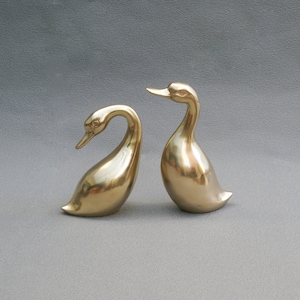Two brass duck figurines vintage goose statuettes metal swan figures bird sculpture brass geese waterfowl