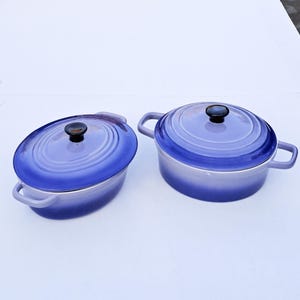 Op de afbeelding: Twee ovale en ronde ovenschalen met deksels en handvatten in paarse en blauwe tinten. Elke deksel heeft een donkere knop. De ovenschalen zijn gemaakt van een duurzaam materiaal, geschikt voor koken en serveren.