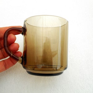 Brown glass cup tea coffee mug Arcoroc France 1970s French vintage drinkware smoke brown glassware smoked glass drinking mug