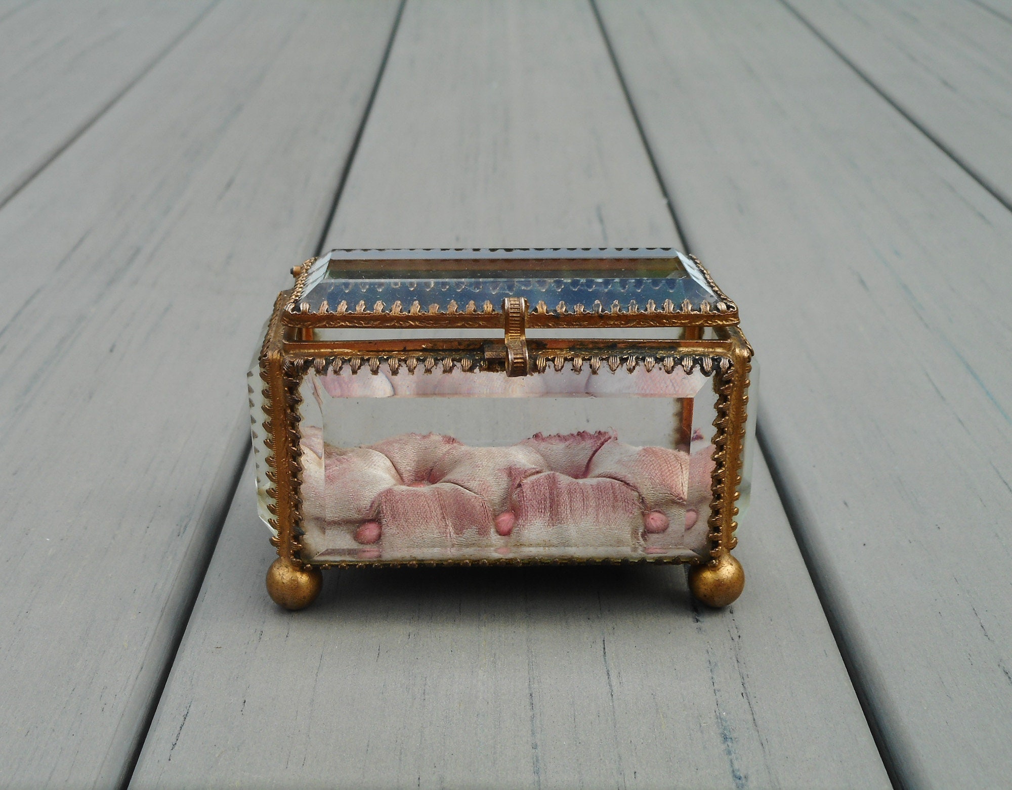 Antique Ormolu Jewelry Box Footed Chest With Lid Beveled Glass Casket