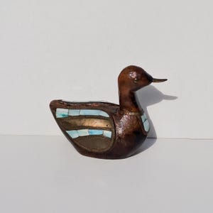 Vintage wooden duck figurine water bird sculpture brass and mother of pearl inlaid bird statuette hand carved wood mallard duck wildfowl