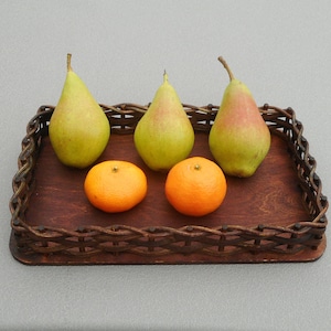 Dunkles Holz rechteckig Weidentablett Vintage gewebt Korb Obst Brotkorb Küche Arbeitsplatte Servierplatte Catchall Schmuckstück Tablett