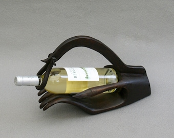 Hand shaped wine bottle holder wine serving stand dark wood Buddha hand bottle display wine presentation