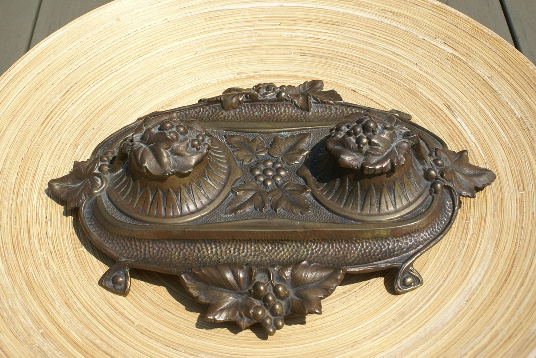 Antique Bronze Ink Stand Art Nouveau Ink Set With Two Inkwells and Pen ...