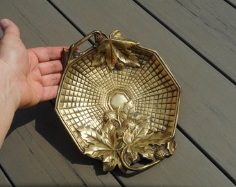 Vintage art nouveau brass tray embossed plate vanity tray with handles figural trinket tray ring dish vide poche