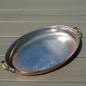 Große ovale Kupferpfanne mit Messinggriffen Vintage Kasserolle Form Backform Bräter Paellapfanne Kupfer ovale Gratinpfanne