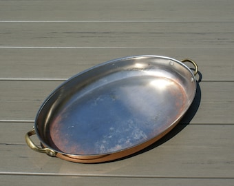 Large oval copper pan with brass handles vintage casserole dish baking pan roasting dish paella pan copper oval gratin pan