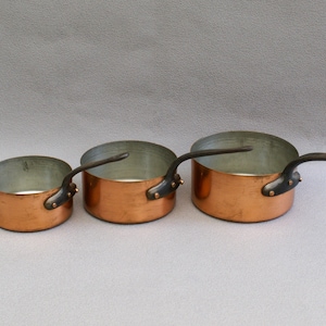 Vintage Copper Sauce Pan Set: Heavy Gauge, Stainless Lined, Cast Iron Handle